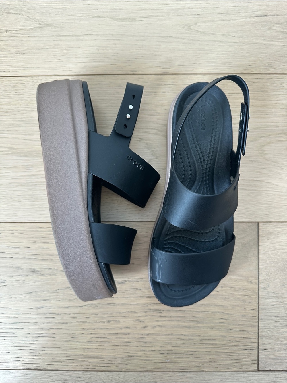 CROCS Brooklyn Low Wedge Women's Black Strappy Platform Sandal with Taupe Sole